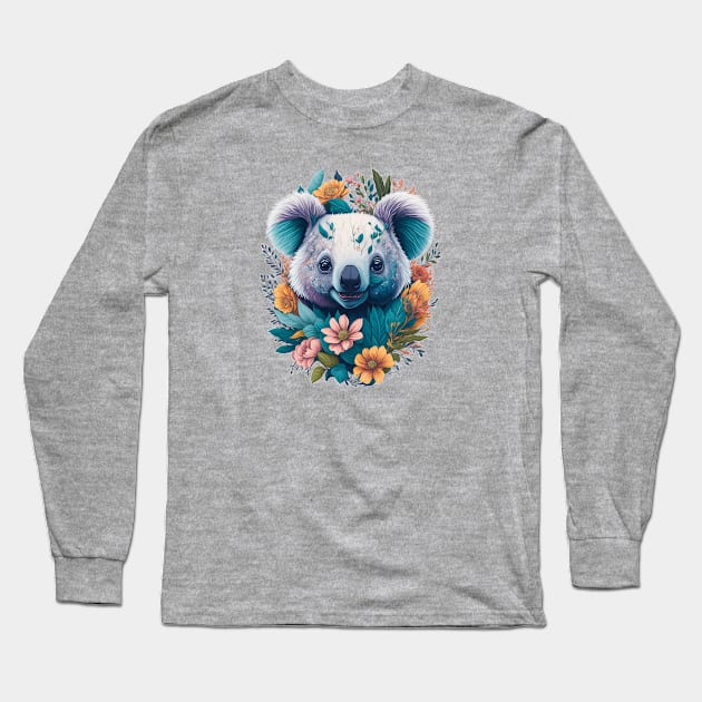Cute laughing Koala bear with florals and foliage t-shirt design, apparel, mugs, cases, wall art, stickers, travel mug Long Sleeve T-Shirt by LyndaMacDesigns